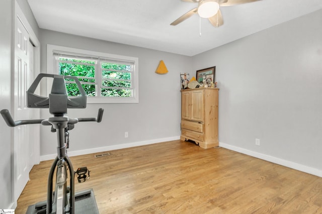 103 Cumbahee Trl, Greenville, SC 29611 - workout room featuring ceiling fan, light wood-style floors, and baseboards