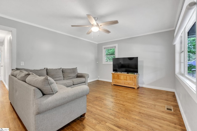 103 Cumbahee Trl, Greenville, SC 29611 - living room featuring ceiling fan, light wood-type flooring, baseboards, and crown molding