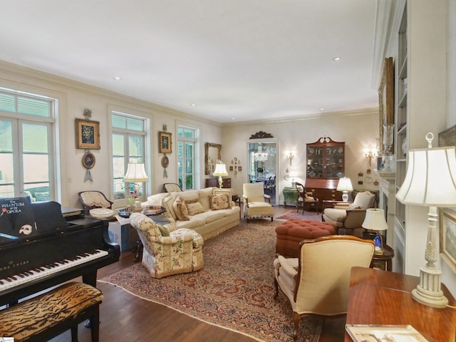 117 Montgomery Dr, Spartanburg, SC 29302 - living area with dark wood-style flooring, ornamental molding, and recessed lighting
