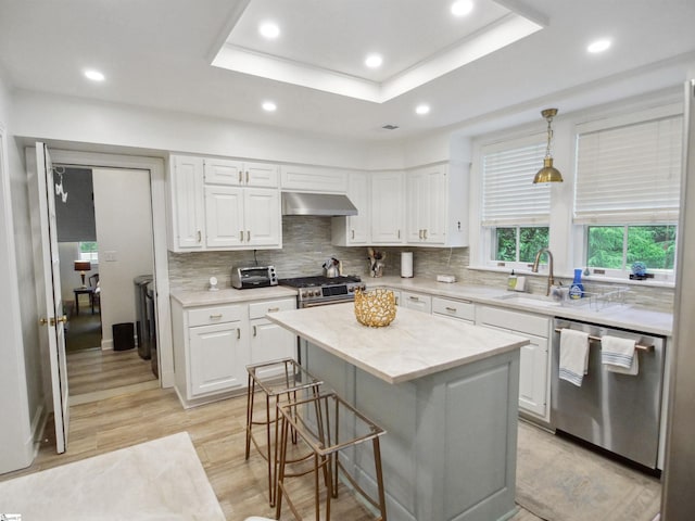 117 Montgomery Dr, Spartanburg, SC 29302 - kitchen with appliances with stainless steel finishes, under cabinet range hood, a kitchen island, white cabinets, and recessed lighting