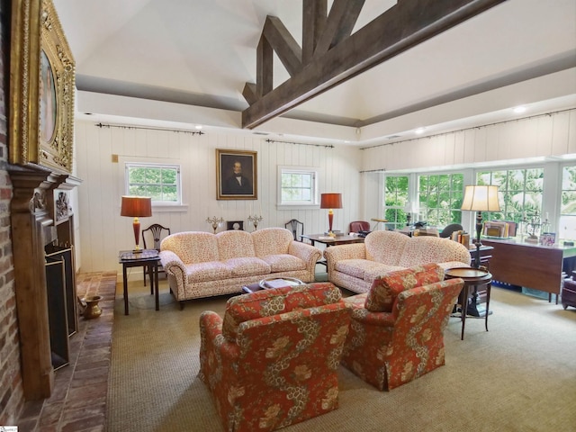 117 Montgomery Dr, Spartanburg, SC 29302 - living room with healthy amount of natural light, a brick fireplace, high vaulted ceiling, and carpet floors