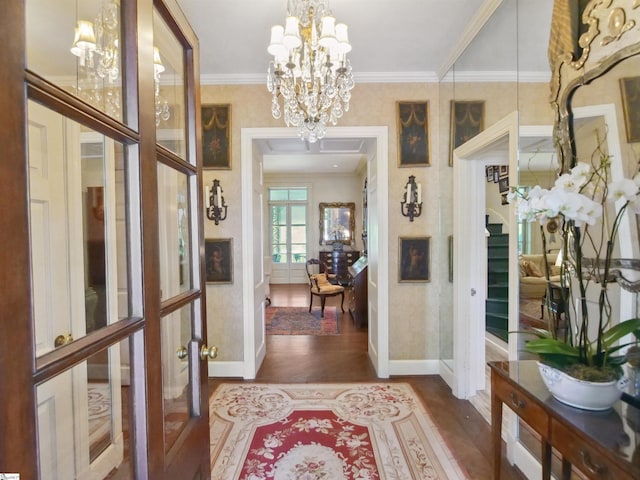 117 Montgomery Dr, Spartanburg, SC 29302 - foyer entrance with baseboards, wood finished floors, a chandelier, and ornamental molding