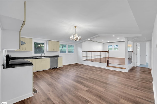 402 Laurel And Hardy Lake Rd, Marietta, SC 29661 - kitchen featuring dark countertops, wood finished floors, under cabinet range hood, a chandelier, and stainless steel dishwasher