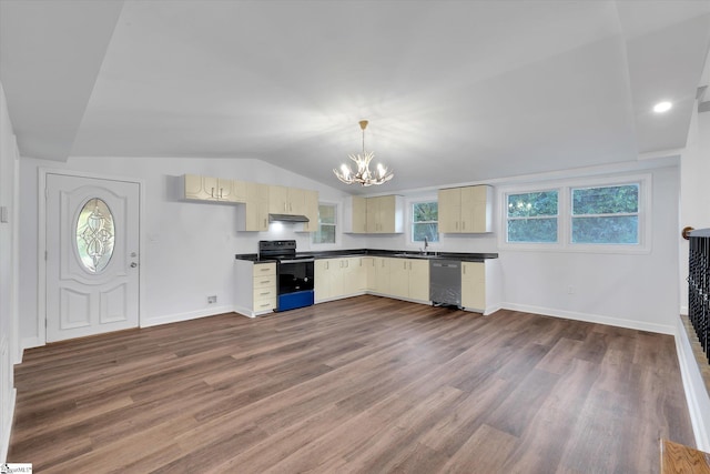 402 Laurel And Hardy Lake Rd, Marietta, SC 29661 - kitchen featuring stainless steel appliances, a chandelier, a sink, dark countertops, and dark wood-style flooring