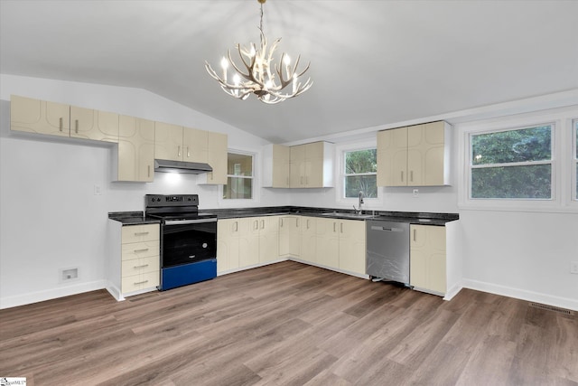 402 Laurel And Hardy Lake Rd, Marietta, SC 29661 - kitchen featuring dishwasher, range with electric cooktop, dark countertops, a chandelier, and under cabinet range hood