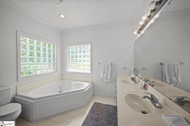 123 S Lake Emory Dr, Inman, SC 29349 - bathroom with toilet, a whirlpool tub, ornamental molding, double vanity, and tile patterned flooring