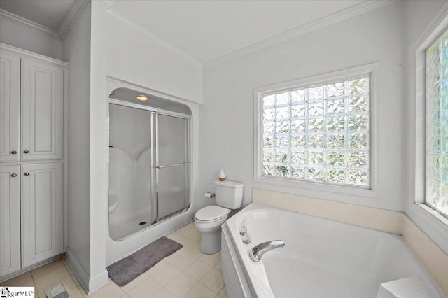 123 S Lake Emory Dr, Inman, SC 29349 - full bathroom with toilet, healthy amount of natural light, a shower stall, a garden tub, and crown molding