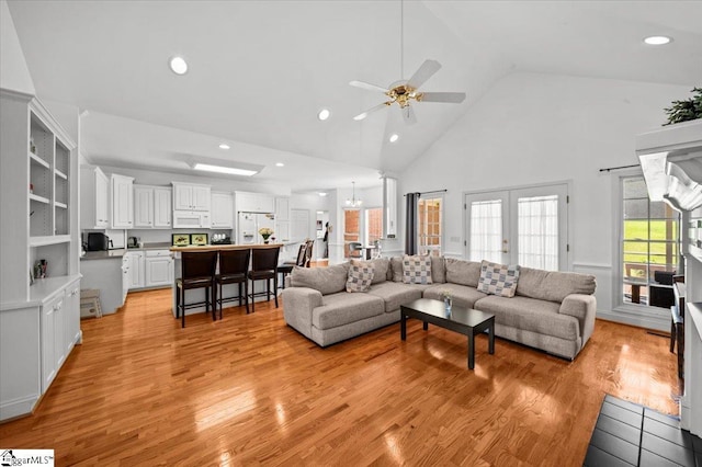 123 S Lake Emory Dr, Inman, SC 29349 - living area featuring high vaulted ceiling, ceiling fan, light wood-type flooring, recessed lighting, and a chandelier