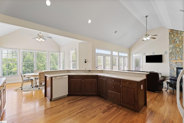 404 N Tidewater Trl, Inman, SC 29349 - kitchen featuring white dishwasher, a ceiling fan, light countertops, open floor plan, and light wood finished floors