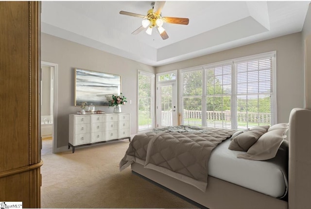 404 N Tidewater Trl, Inman, SC 29349 - bedroom with access to exterior, carpet, a ceiling fan, and a tray ceiling