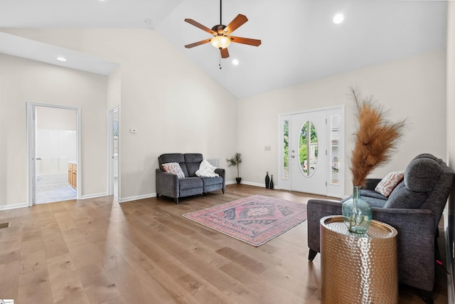 1316 E S 6th St, Seneca, SC 29678 - living room featuring a ceiling fan, high vaulted ceiling, light wood-style flooring, recessed lighting, and baseboards