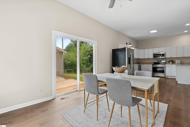 1316 E S 6th St, Seneca, SC 29678 - dining area featuring baseboards, wood finished floors, recessed lighting, and ceiling fan