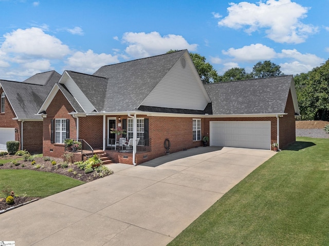 312 Terrace Hills Dr, Boiling Springs, SC 29316 - view of front of house with brick siding, a porch, an attached garage, a front lawn, and roof with shingles
