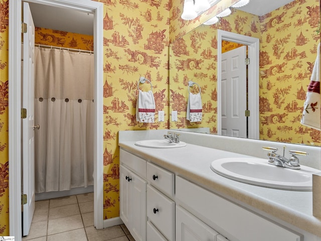 312 Terrace Hills Dr, Boiling Springs, SC 29316 - bathroom with tile patterned floors, wallpapered walls, and double vanity