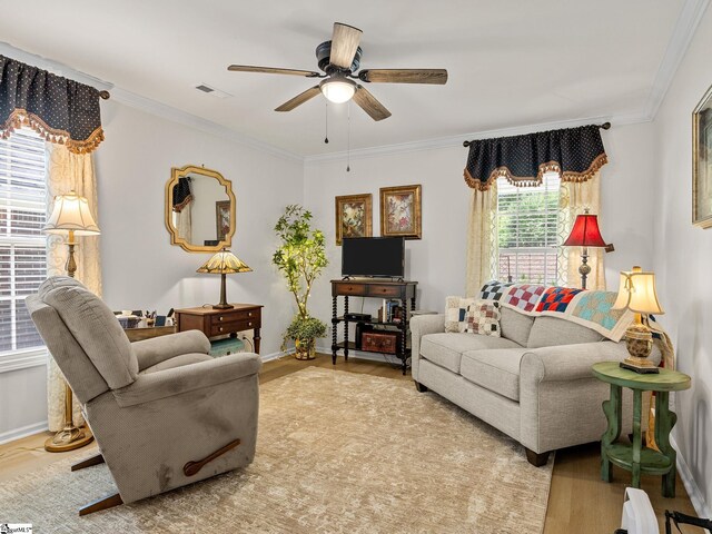 312 Terrace Hills Dr, Boiling Springs, SC 29316 - living area featuring ceiling fan, crown molding, wood finished floors, and baseboards