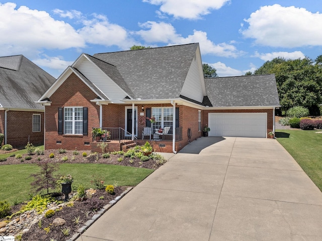 312 Terrace Hills Dr, Boiling Springs, SC 29316 - view of front facade featuring brick siding, covered porch, a garage, a front yard, and concrete driveway