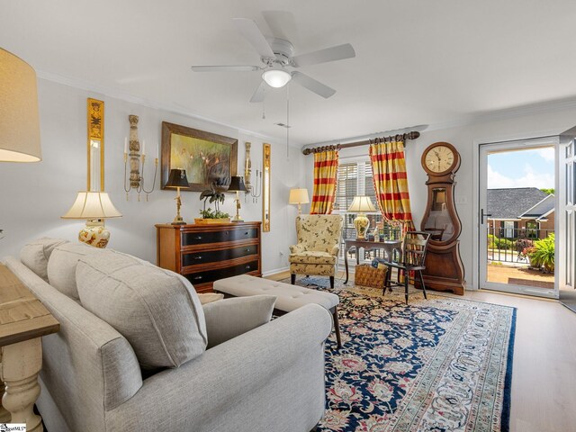 312 Terrace Hills Dr, Boiling Springs, SC 29316 - living area with ornamental molding, a ceiling fan, and wood finished floors