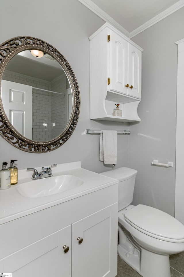 208 Arlington Avenue Unit A And B, Anderson, SC 29621 - bathroom with toilet, vanity, crown molding, tiled shower, and tile patterned flooring
