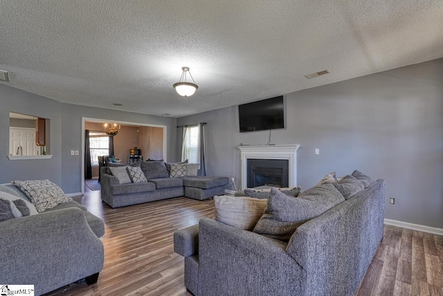 406 Standing Rock Dr, Boiling Springs, SC 29316 - living room with a textured ceiling, wood finished floors, baseboards, a glass covered fireplace, and a chandelier