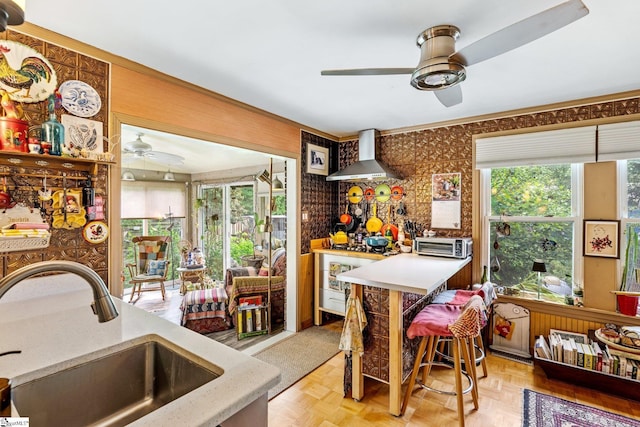 298 Stamey Valley Rd, Travelers Rest, SC 29690 - kitchen featuring a ceiling fan, wall chimney exhaust hood, a sink, and plenty of natural light
