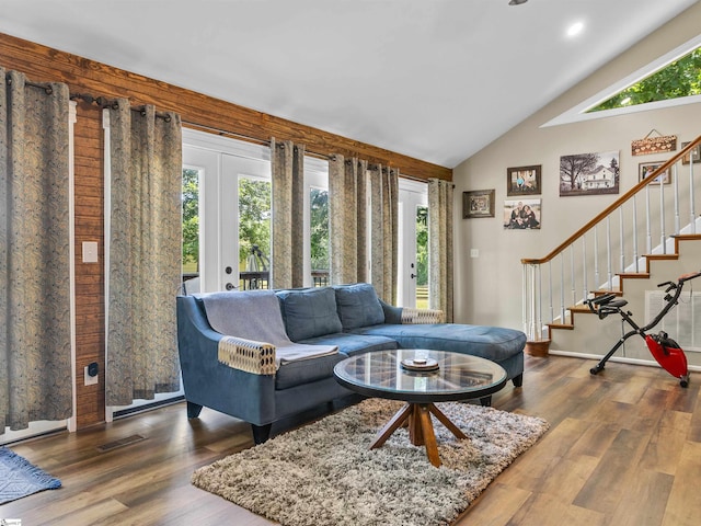112 Scruggs Ln, Gaffney, SC 29341 - living room with stairway, wood finished floors, high vaulted ceiling, and baseboards