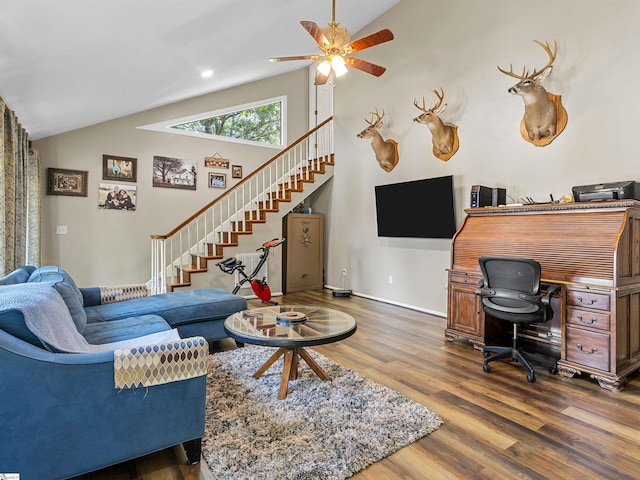112 Scruggs Ln, Gaffney, SC 29341 - living room featuring lofted ceiling, wood finished floors, stairway, ceiling fan, and an office area