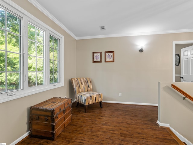 112 Scruggs Ln, Gaffney, SC 29341 - sitting room featuring baseboards, ornamental molding, and dark wood finished floors