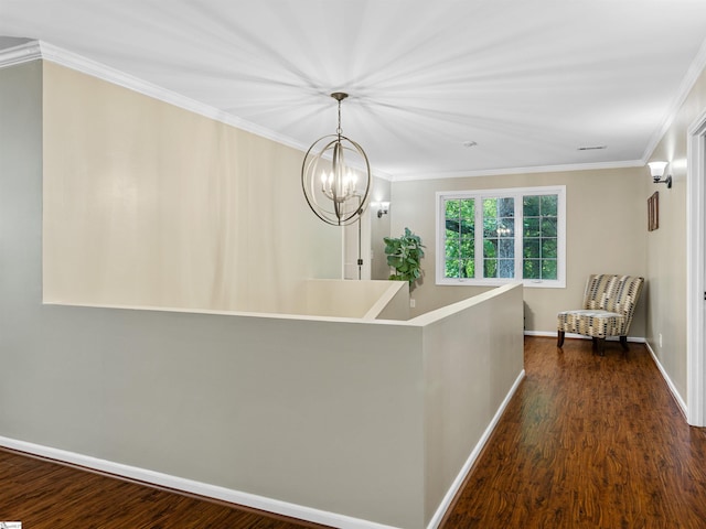 112 Scruggs Ln, Gaffney, SC 29341 - hallway with crown molding, baseboards, dark wood finished floors, and a chandelier