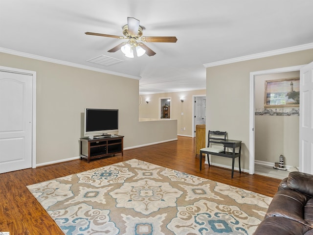 112 Scruggs Ln, Gaffney, SC 29341 - living room featuring crown molding, a ceiling fan, wood finished floors, and baseboards
