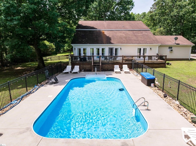 112 Scruggs Ln, Gaffney, SC 29341 - view of swimming pool featuring french doors, a wooden deck, a patio area, and view of scattered trees