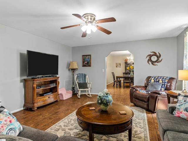 112 Scruggs Ln, Gaffney, SC 29341 - living area featuring arched walkways, hardwood / wood-style flooring, and a ceiling fan