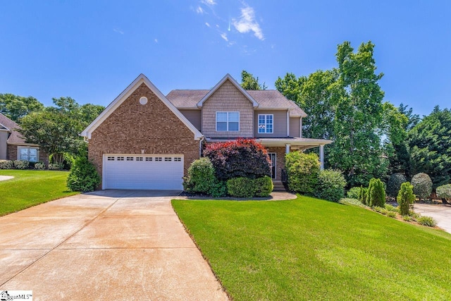 414 Mayburgh Ct, Spartanburg, SC 29301 - craftsman inspired home with concrete driveway, a garage, a front yard, brick siding, and covered porch