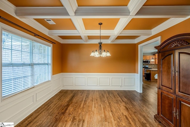 414 Mayburgh Ct, Spartanburg, SC 29301 - unfurnished dining area featuring a chandelier, dark wood-type flooring, beamed ceiling, coffered ceiling, and a wainscoted wall