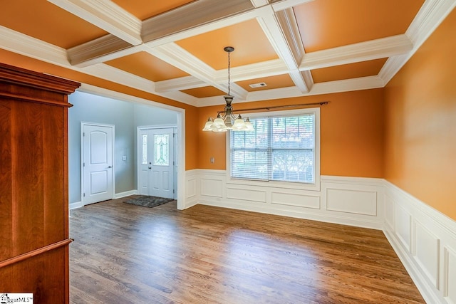 414 Mayburgh Ct, Spartanburg, SC 29301 - unfurnished dining area with a chandelier, beam ceiling, coffered ceiling, wainscoting, and wood finished floors