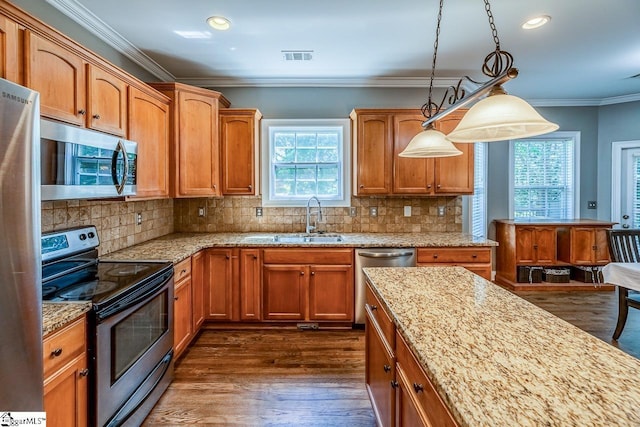 414 Mayburgh Ct, Spartanburg, SC 29301 - kitchen featuring appliances with stainless steel finishes, ornamental molding, a sink, dark wood finished floors, and light stone counters