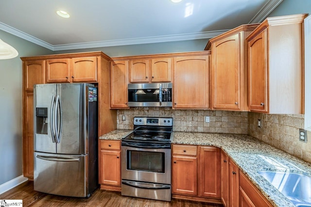 414 Mayburgh Ct, Spartanburg, SC 29301 - kitchen with stainless steel appliances, dark wood-style flooring, light stone countertops, baseboards, and tasteful backsplash