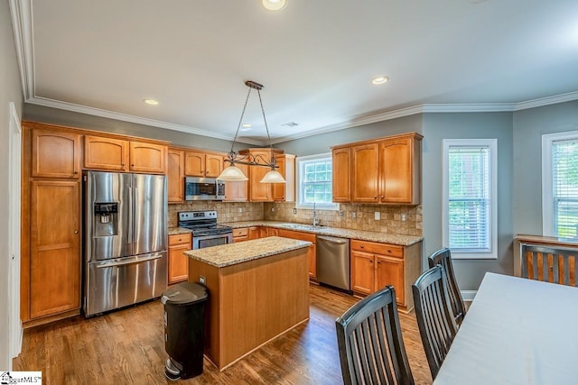 414 Mayburgh Ct, Spartanburg, SC 29301 - kitchen featuring stainless steel appliances, plenty of natural light, dark wood-type flooring, ornamental molding, and recessed lighting