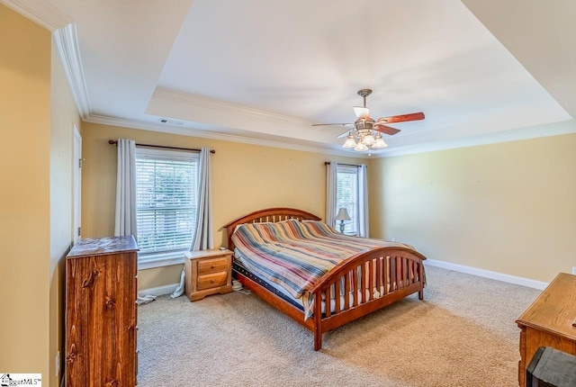 414 Mayburgh Ct, Spartanburg, SC 29301 - bedroom with light colored carpet, a tray ceiling, ornamental molding, baseboards, and ceiling fan