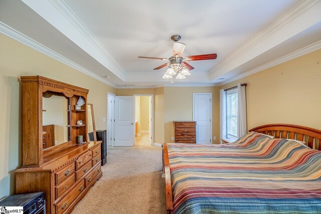 414 Mayburgh Ct, Spartanburg, SC 29301 - bedroom featuring a raised ceiling, light colored carpet, crown molding, baseboards, and ceiling fan