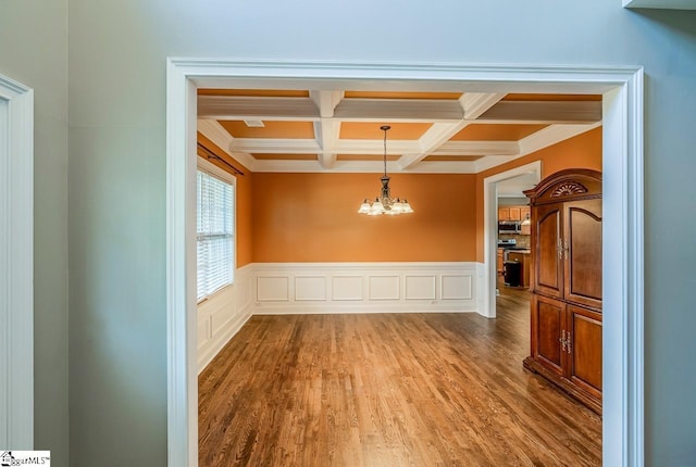 414 Mayburgh Ct, Spartanburg, SC 29301 - unfurnished dining area featuring a chandelier, wood finished floors, beamed ceiling, coffered ceiling, and ornamental molding