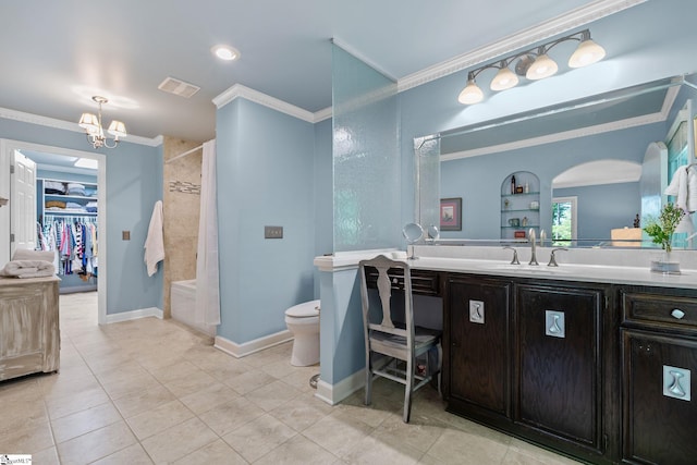 212 Middleton Shores Dr, Anderson, SC 29621 - bathroom featuring vanity, toilet, a chandelier, crown molding, and tile patterned floors