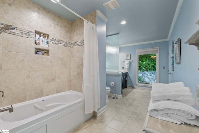 212 Middleton Shores Dr, Anderson, SC 29621 - bathroom featuring toilet, ornamental molding, tile patterned flooring, shower / bath combination with curtain, and baseboards