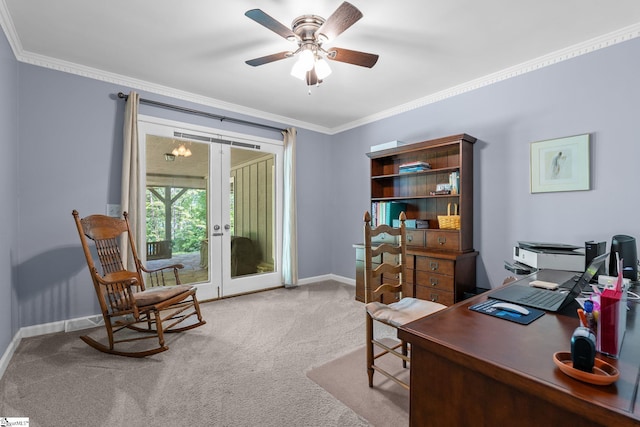 212 Middleton Shores Dr, Anderson, SC 29621 - carpeted office space with ornamental molding, french doors, a ceiling fan, and baseboards