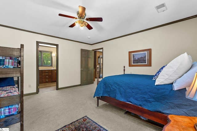 212 Middleton Shores Dr, Anderson, SC 29621 - bedroom featuring light carpet, ornamental molding, baseboards, ensuite bathroom, and ceiling fan