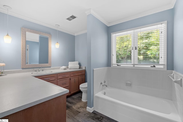 212 Middleton Shores Dr, Anderson, SC 29621 - bathroom with toilet, a bath, vanity, wood finished floors, and crown molding