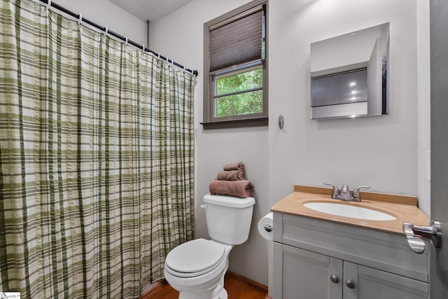 212 Middleton Shores Dr, Anderson, SC 29621 - bathroom with toilet, vanity, wood finished floors, and a shower with shower curtain