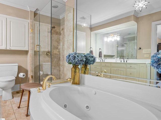 1076 Woodburn Rd, Spartanburg, SC 29302 - full bathroom featuring a shower stall, a whirlpool tub, toilet, vanity, and ornamental molding