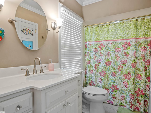 1076 Woodburn Rd, Spartanburg, SC 29302 - bathroom featuring vanity, toilet, crown molding, tile patterned floors, and a shower with curtain