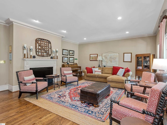 1076 Woodburn Rd, Spartanburg, SC 29302 - living area with wood finished floors, ornamental molding, recessed lighting, baseboards, and a fireplace