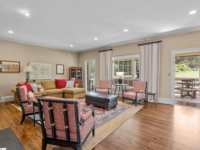 1076 Woodburn Rd, Spartanburg, SC 29302 - living room with ornamental molding, wood finished floors, healthy amount of natural light, recessed lighting, and baseboards